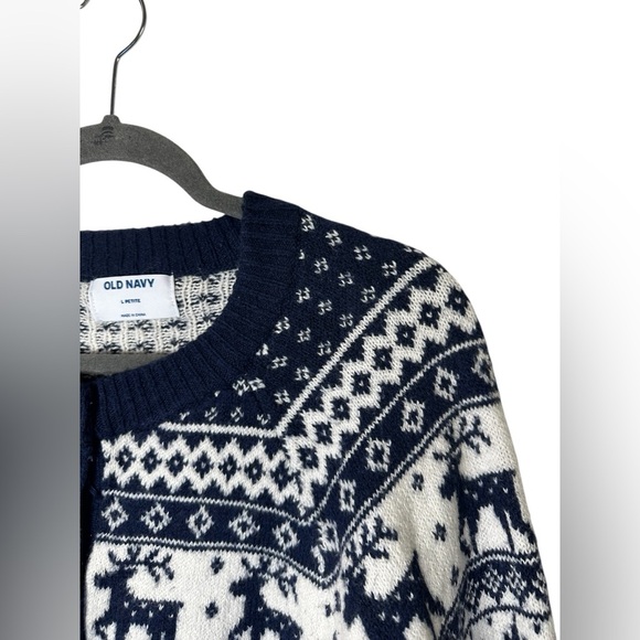 Old Navy Women’s L Petite Fair Isle Reindeer Snowflake Cardigan Sweater – Navy - Picture 2 of 5